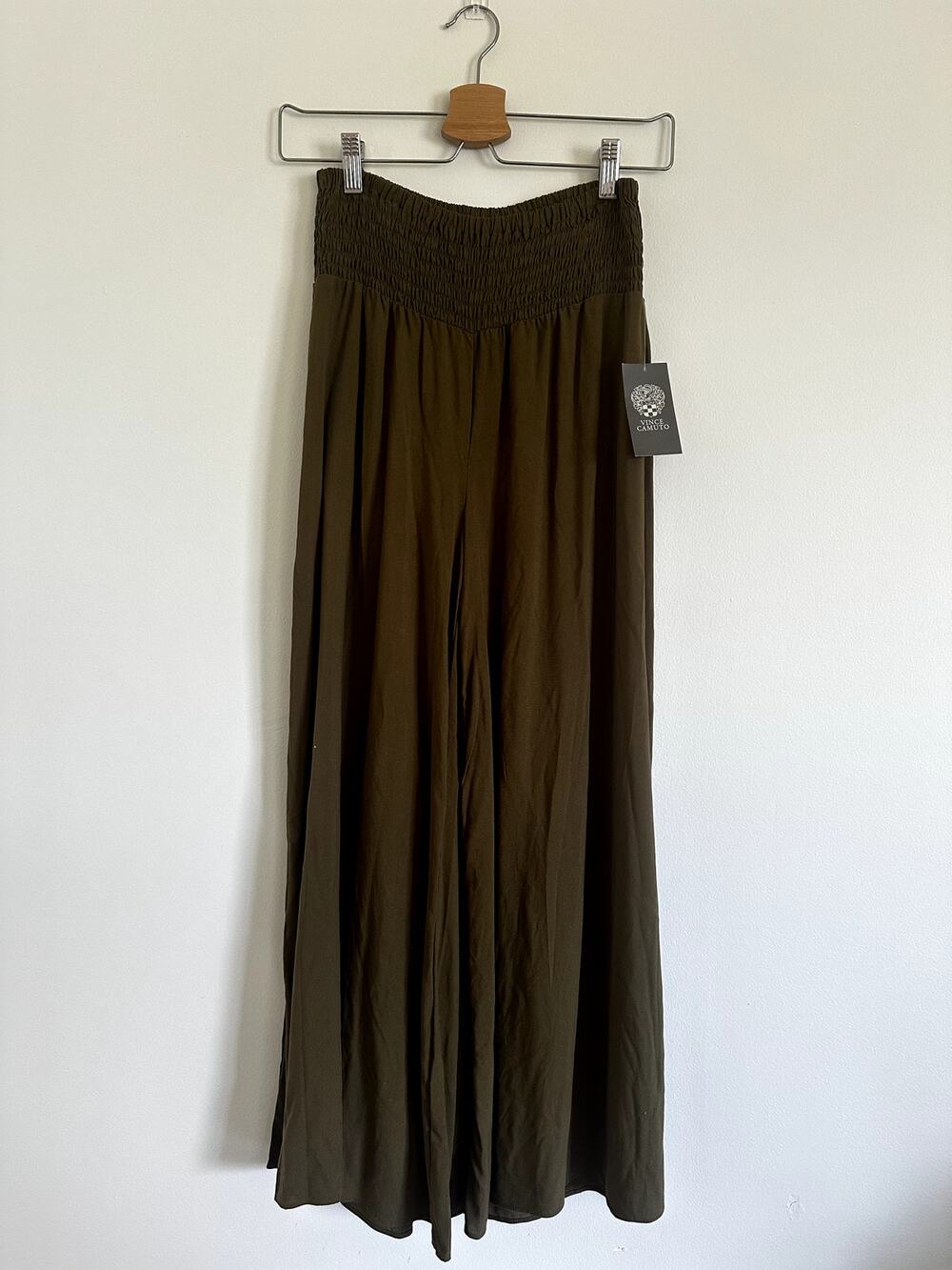 Vince Camuto Palazzo Pants Olive Green Wide Leg Smocked High Waist XS NEW